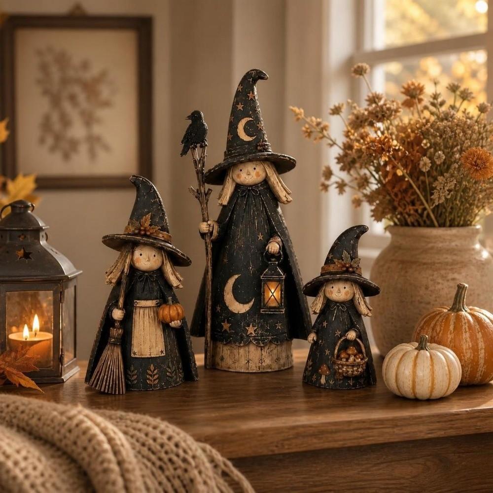3pcs Wooden Crow Witch Statue Set Scarecrow Sculpture Halloween Witch Ornaments Halloween