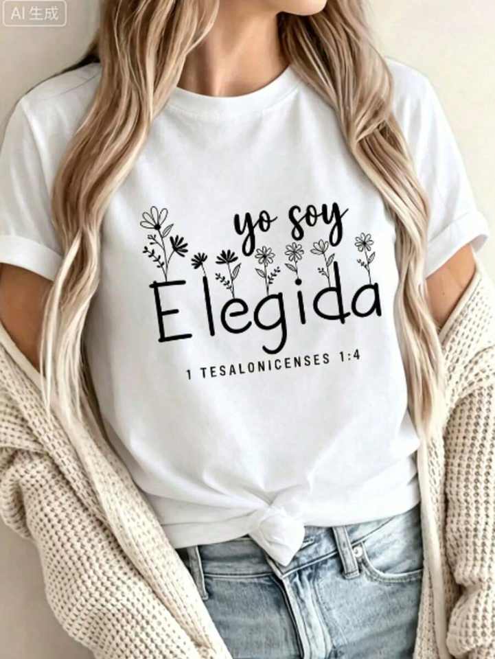 Yo Soy Elegida Spanish Bible Verse Floral Inspirational Graphic Tee Women Crew Neck Short Sleeve Christian Faith Casual Everyday Wear Top