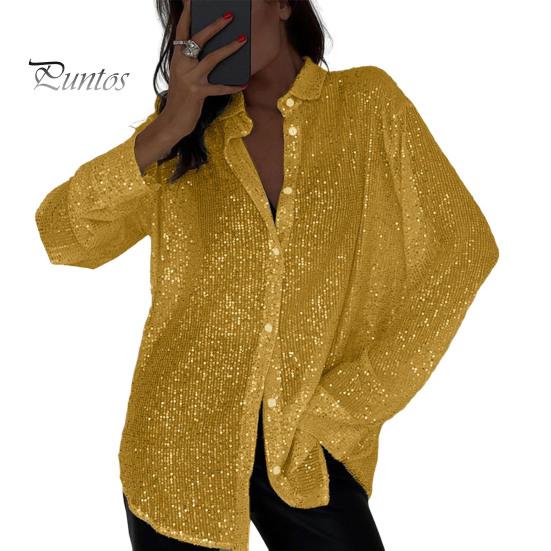 Spring Summer Shirt Lapel Long Sleeve Single Breasted Shirt Tops Sparkling Sequins Decoration Shirt Tops