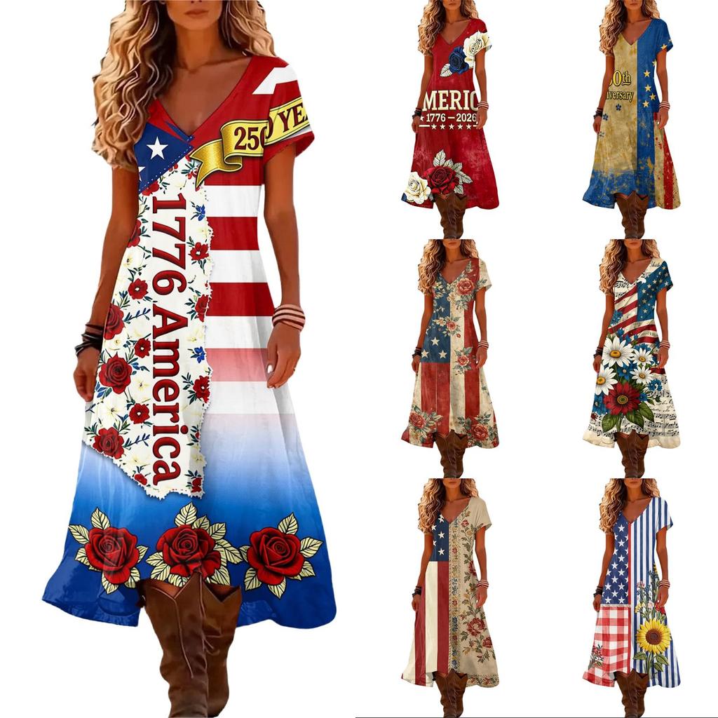 Women’s V Neck Short Sleeve Maxi Dress with 1776 America Print Gradient Hem and Floral Graphic Casual Loose Fit