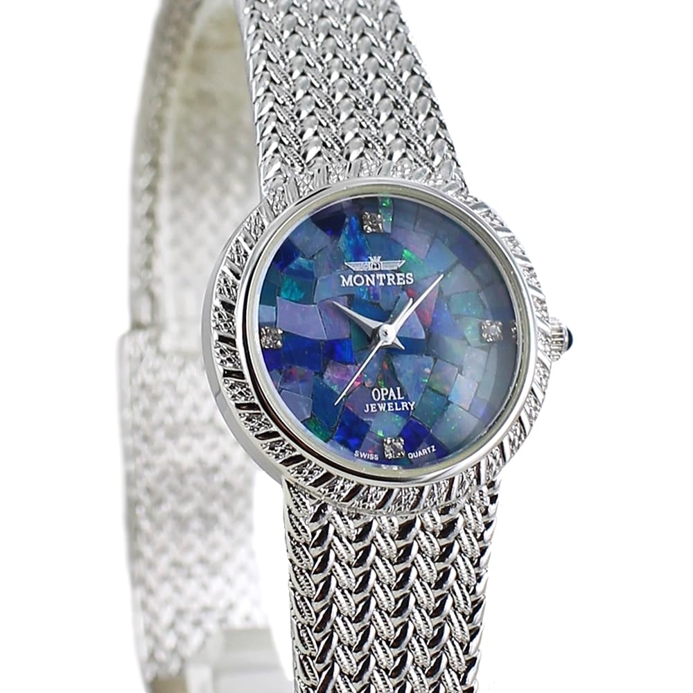 Часы из натурального камня опалового цвета с маленьким циферблатом, синим браслетом из нержавеющей стали и серебра [Montress] женские MS-008L-SSOP []