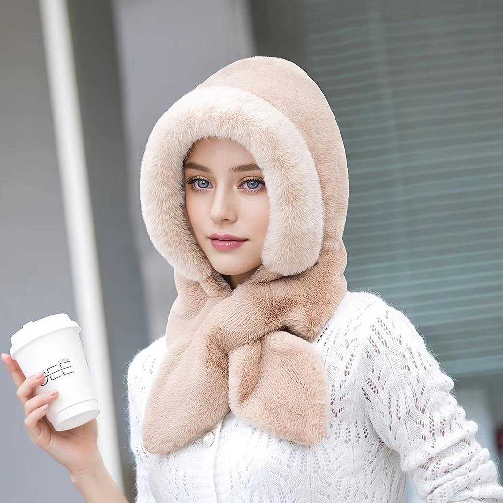 Women's Winter Faux Fur Hat Thick Warm Plush Ear-Protector Riding Cap Solid Color with Scarf Buckle