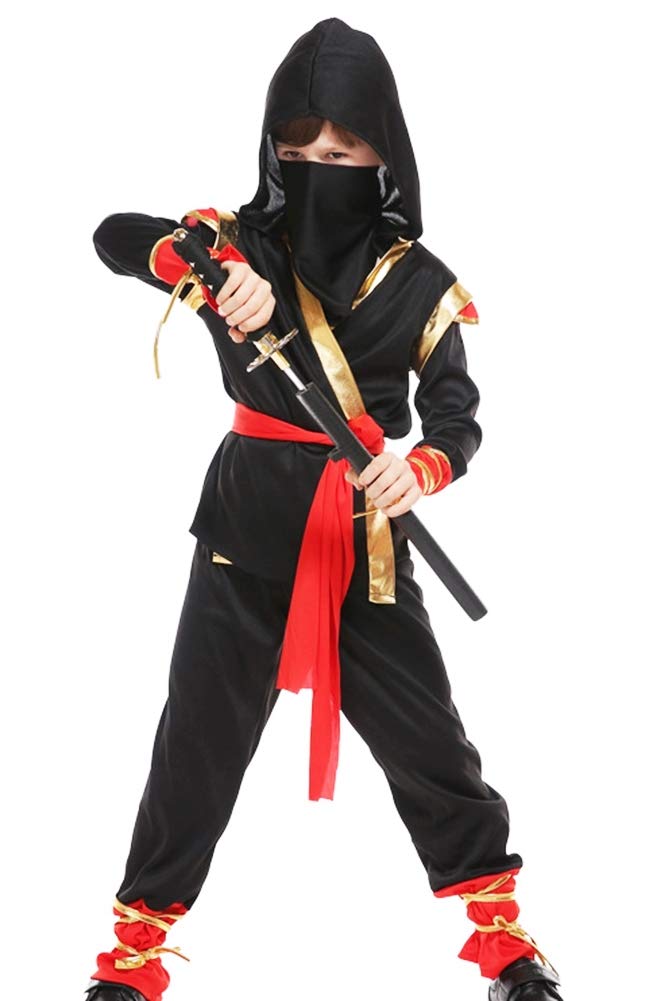 Костюм ниндзя Мадругада, аутентичный черный, детский костюм на Хэллоуин с наклейками-татуировками, набор из 2 мальчиков S729 (M)