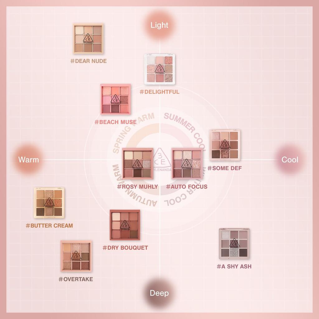 3CE Multi Eye Color Palette Shiny Beige L, Ash, 9-Color Eyeshadow,