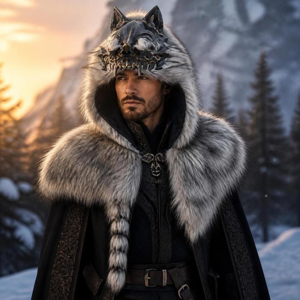 Viking Costume Wolf Skull Hood Furry Warrior Mantle Hat Halloween Headgear Renaissance Festival