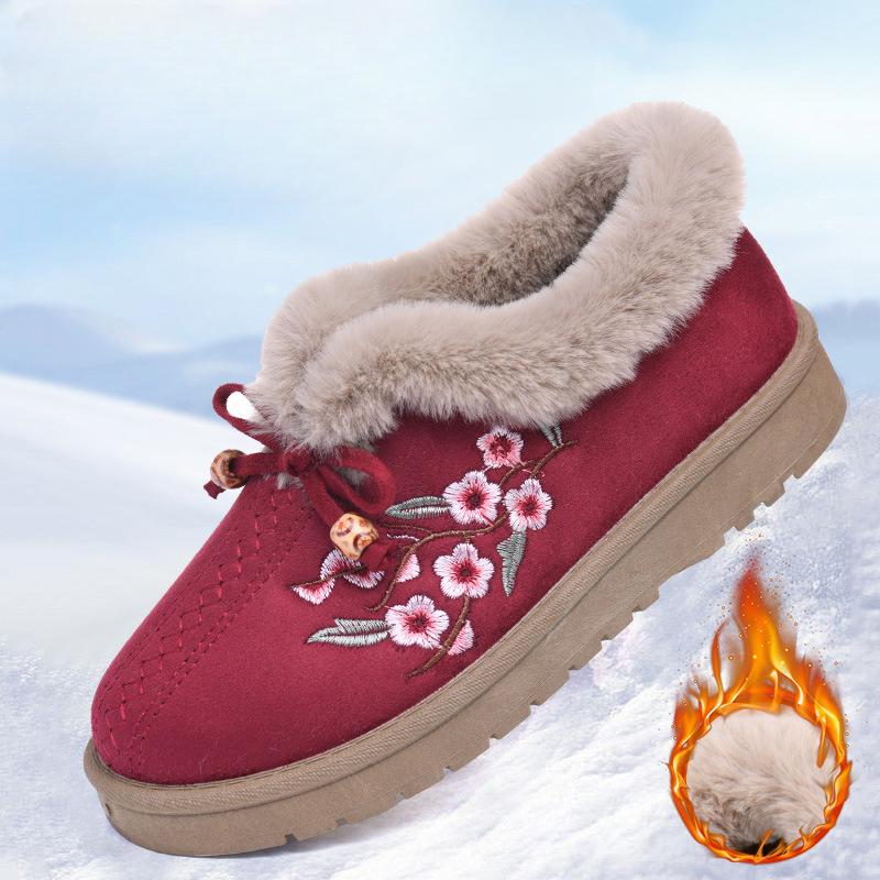 Женские зимние теплые ботинки на платформе для снега с подкладкой из искусственного меха, повседневные нескользящие короткие ботинки с вышивкой для женщин, домашняя обувь для отдыха на открытом воздухе