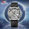 TEVISE Square Luxury Retro Mechanical Watch for Men Hollow Skeleton Self-Wind Carved Automatic Watches Vintage Leather Strap Wristwatch