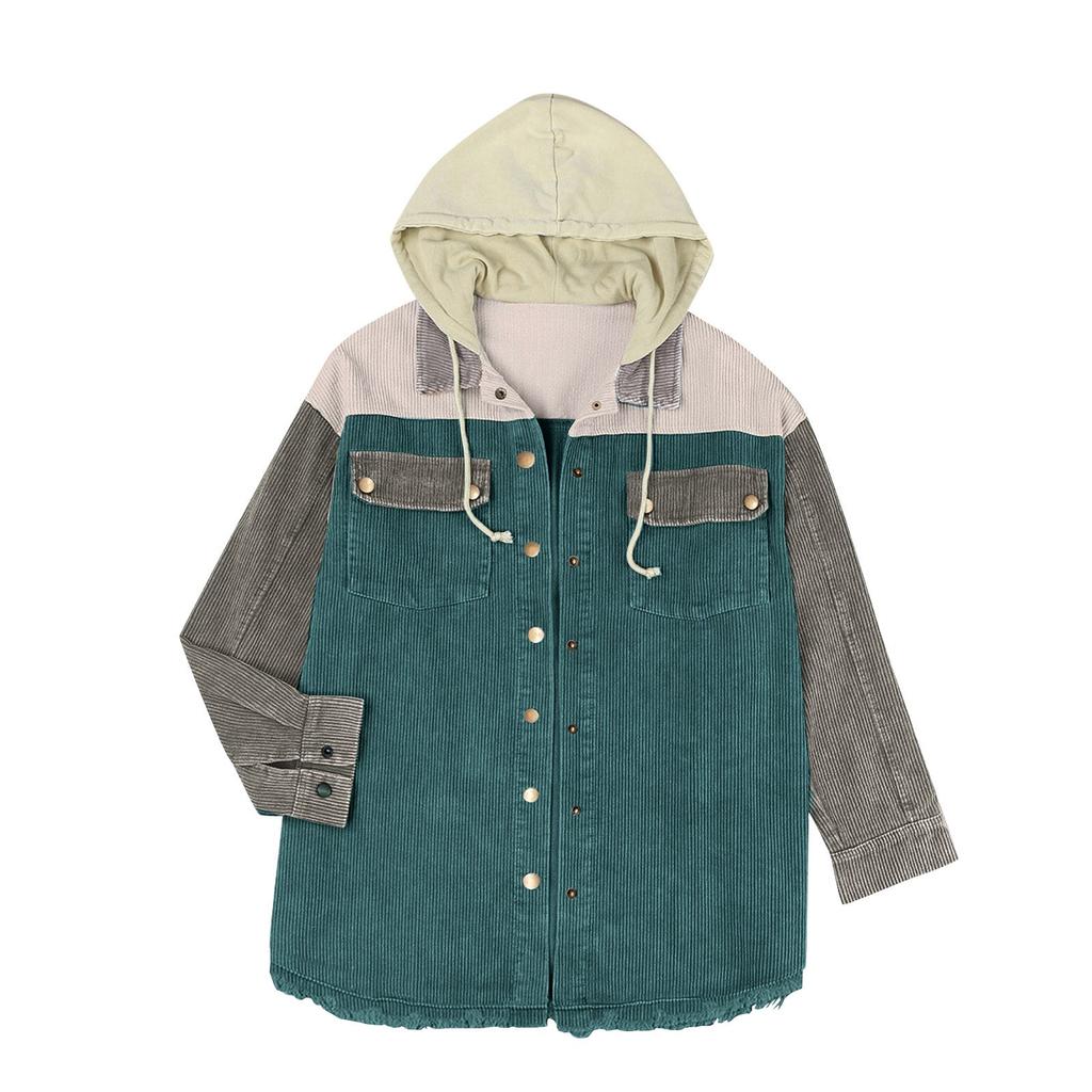 Women's Autumn Corduroy Shawl Jacket Long Sleeve Buckle Color Matching Hooded Jacket With Pocket