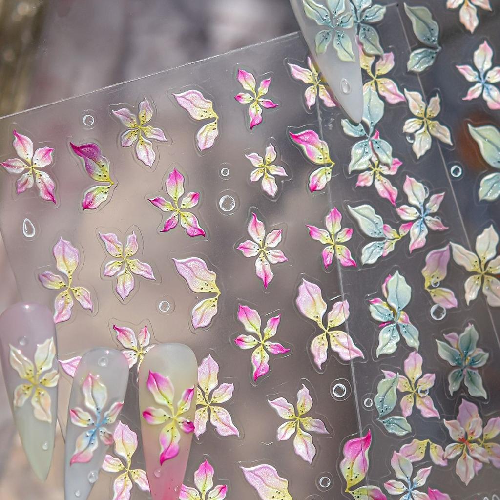 Colourful Frangipani Bright Lily Flowers Gradual Petal Vivid Dew Delicate Romantic Nail Art Stickers Manicure Decals Decorations
