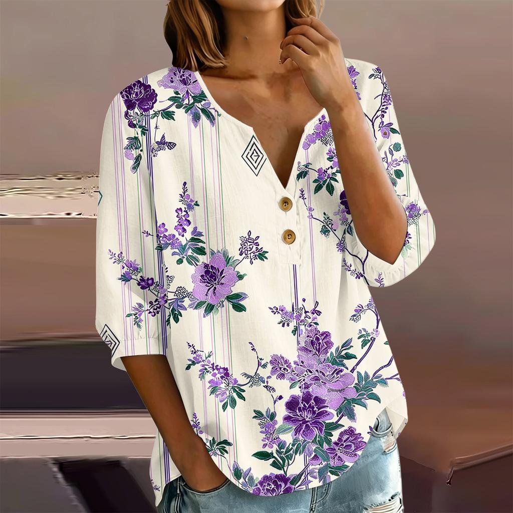 Женская блузка-henley с цветочным принтом, пуговицами спереди, рукавом три четверти, из хлопка и льна, повседневная, свободного кроя