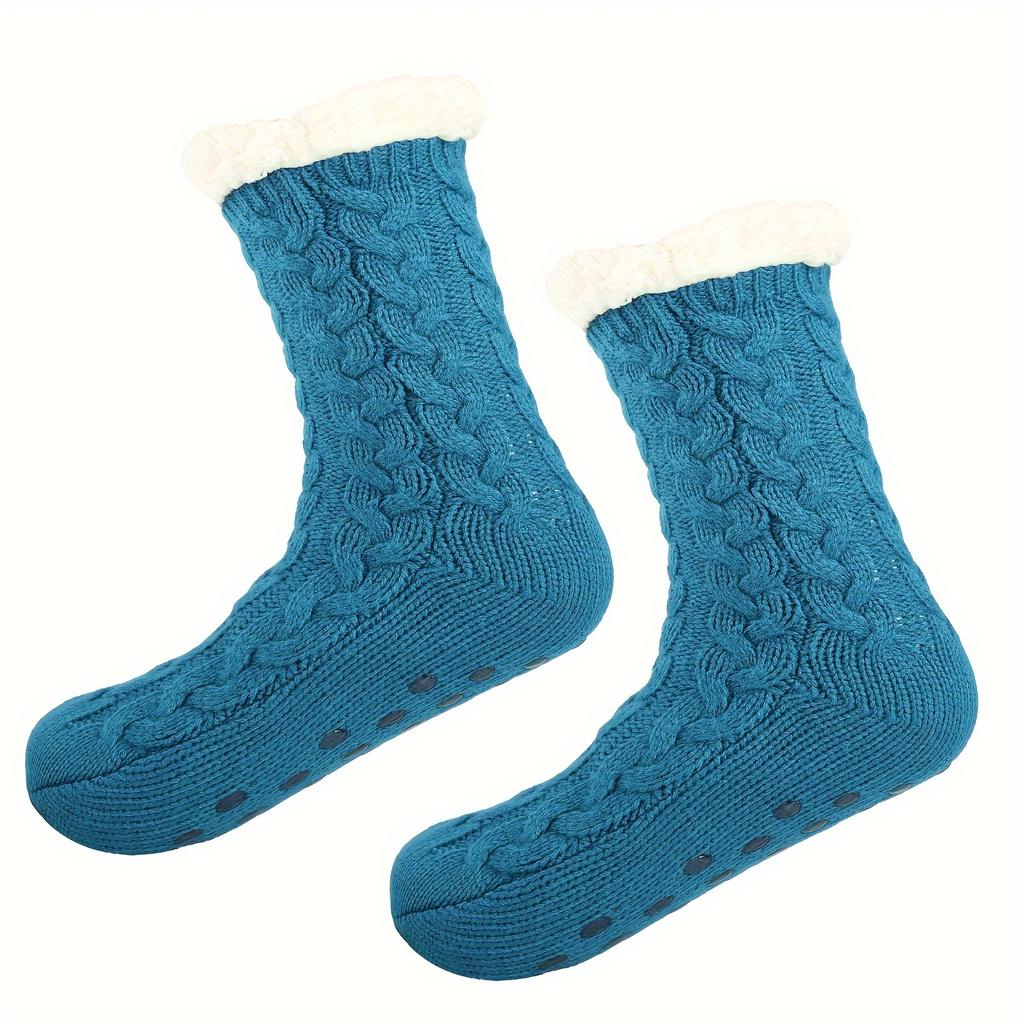 1 Pair of Women's Thick Plush Warm Floor Socks Braided Cozy Winter Casual Yoga Socks with Grips for Home Indoor Slippers Women