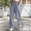 Women Pants Adjustable Drawstring Elastic Waist Mid-rise Long Trousers with Pockets Wide Leg Striped Print Casual Pants