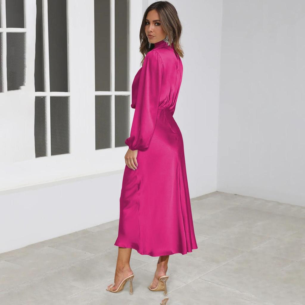 Женское весеннее вечернее платье с длинным рукавом-фонариком, элегантное длинное платье трапециевидной формы с бретелькой на шее и высокой талией, сплошной цвет