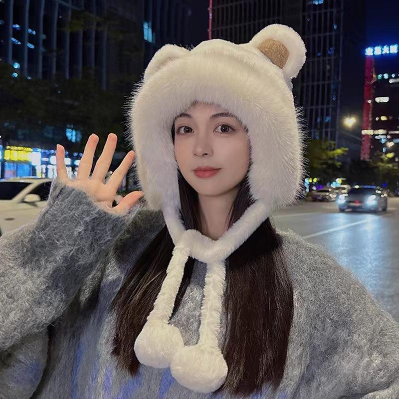 Шапка женская осенне-зимняя пушистая зимняя кроличья шерсть молниеносная шапка с мячом для защиты ушей теплая холодная утолщенная плюшевая ветрозащитная шапка