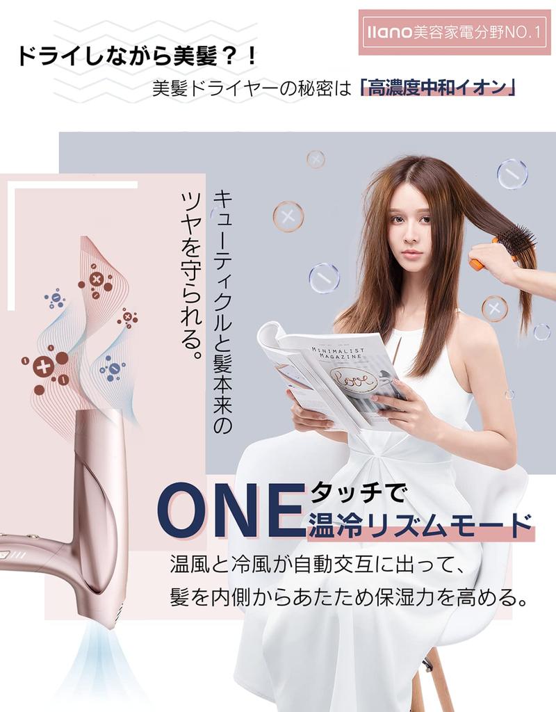 Llano Hair Large Air High Wind Salon Quick 21 Оснащен нейтрализующими ионами Rhythm Heat Damage Ion Для домашнего путешествия Для сертифицированного фена PSE, Объем,