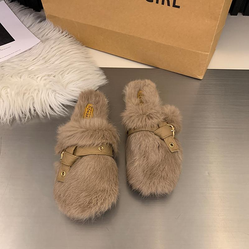 Зимние Новые Тапочки Баотоу Женские Круглый Носок Плюшевые Глубокий Вырез Заклепки Мягкая Подошва Противоскользящие Износостойкие Плоские Туфли