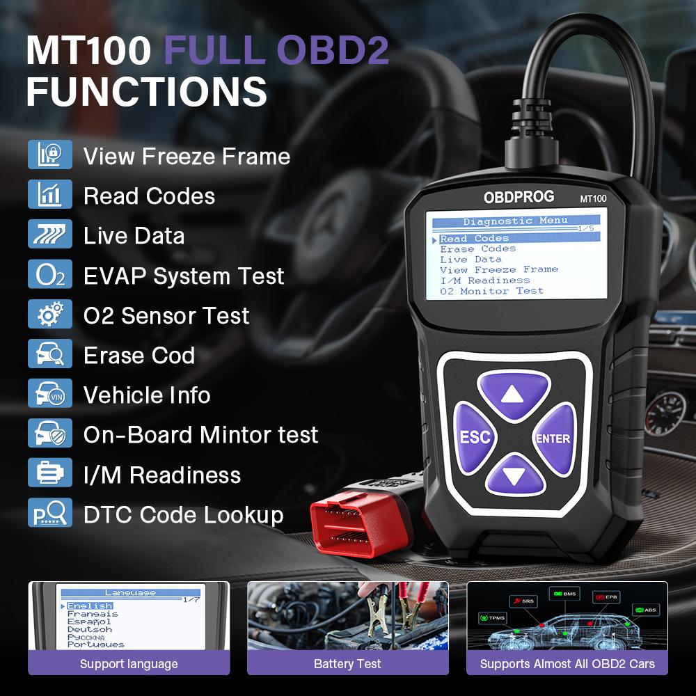 OBDPROG MT100 OBD2 сканер проверить считыватель кода двигателя стереть коды неисправностей с помощью многоязычного русского автомобиля диагностический инструмент