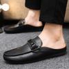 Fashion Leather Men Half Slippers Summer Breathable Mens Casual Shoes Slip On Lazy Driving Shoes Comfortable Walking Loafers Moccasins