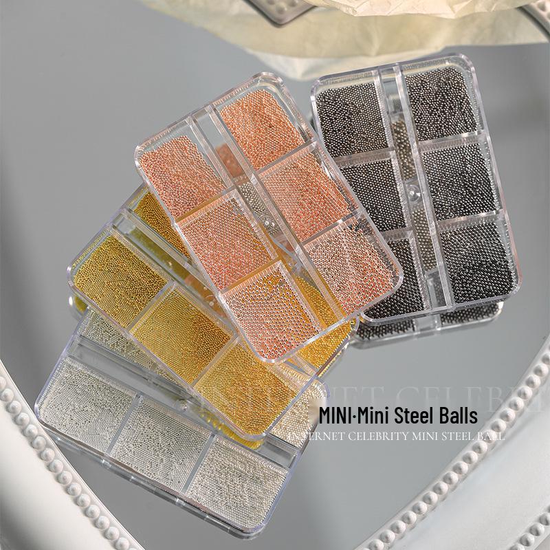 6-Compartment Mini Nail Art Gold & Silver Steel Bead Decor Set
