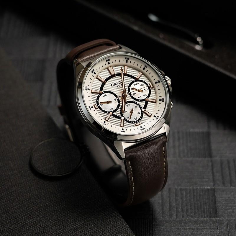 Casio Серия STANDARD Серия DRESS Водонепроницаемые Деловые Кварцевый Механизм Кожаный Ремешок Японские и Корейские Часы Мужские;s Часы Белые MTP-E303L-7AVDF