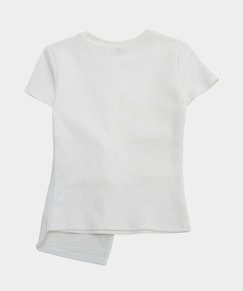 PLACE STUDIO Waffle Contrast Shirred Draping Twist Semi-Crop Women'S Short Sleeve T-Shirt [White]