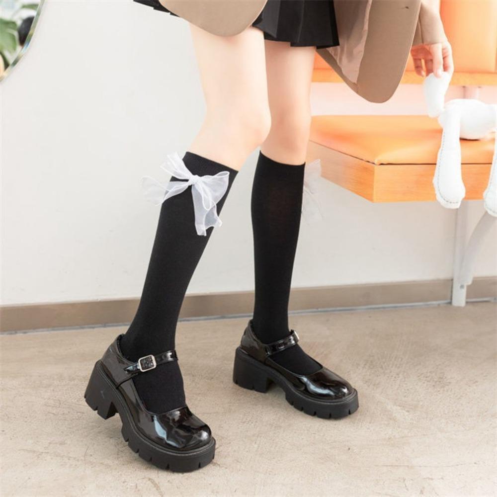 Bow Tube Socks Women's Spring and Autumn Black and White JK Lolita Calf Socks Japanese Girls College Style Knee Socks