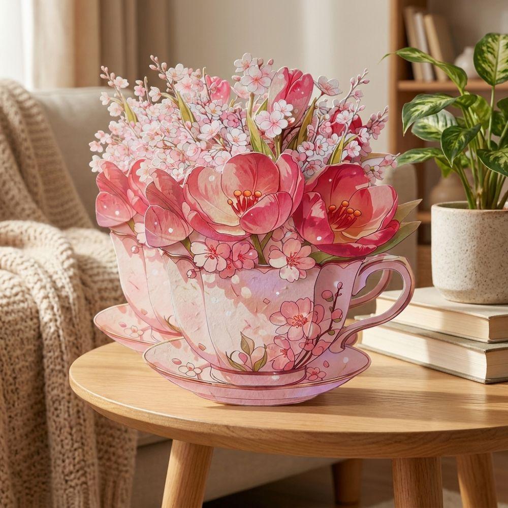 Handmade Flowers Teacup Greeting Card Surprise Gifts 3D Pop Up Bouquet Card  Wedding