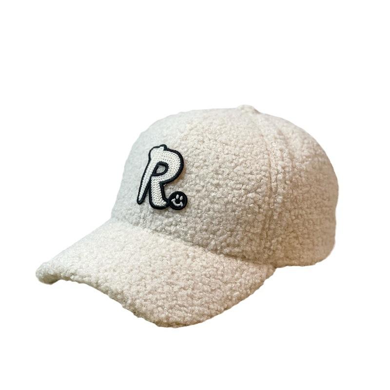 Шапка Женская Большой Окружности Головы Осень и Зима Буква R Шерсть Ягненка Теплая Бейсболка Кепка с Козырьком Для Отдыха на Открытом Воздухе Универсальная