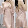 Summer New Women 2PCS Robe Nightgown Set Sexy Hollow Out Perspective Bathrobe Intimate Lingerie Silk Satin Home Dress Loungewear