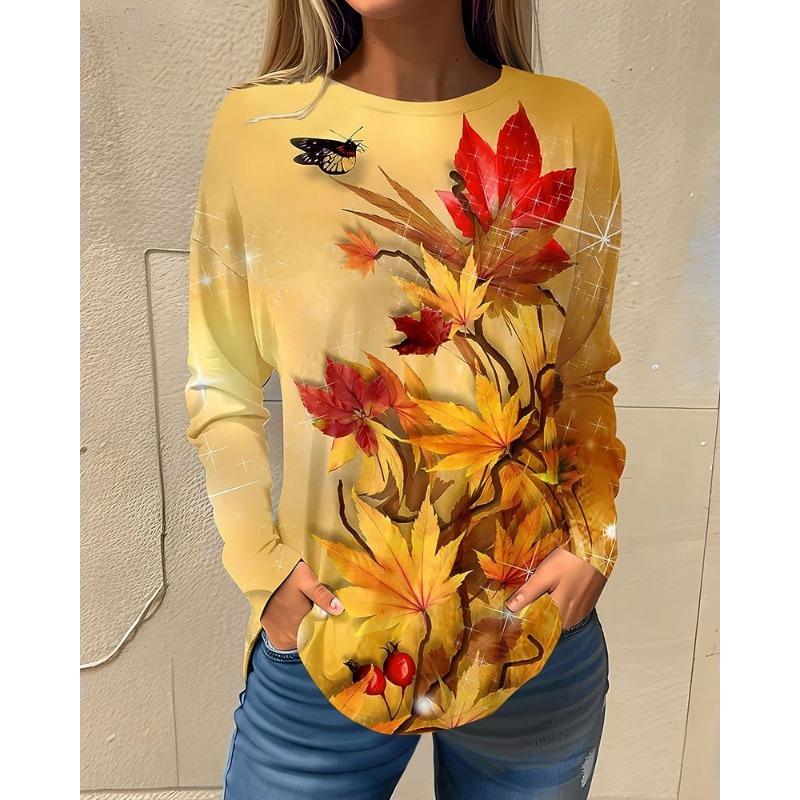 Женская футболка с 3D-принтом бабочки, модный топ с длинным рукавом и круглым вырезом, обычного кроя, для праздничных выходных, для весны и осени