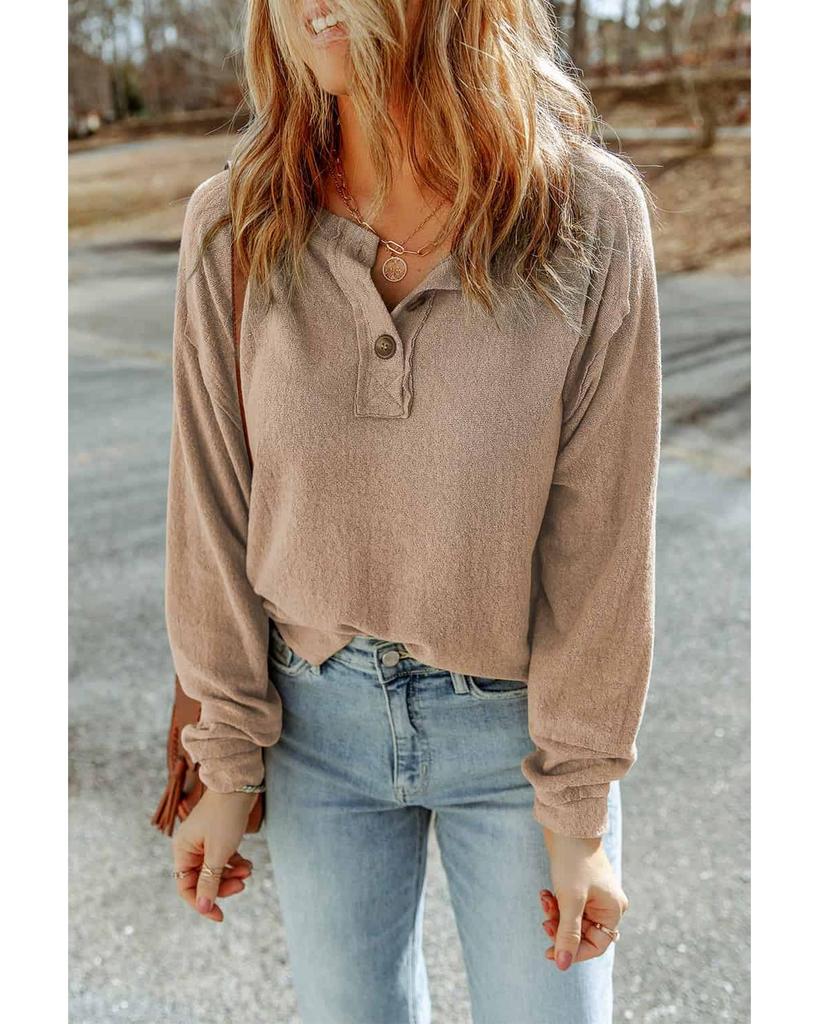 Azura Exchange Apricot Button Split Neck Retro Patchwork Long Sleeve Top