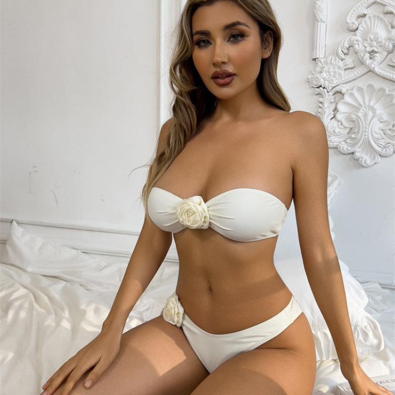 1011 new swimsuit women's solid color three-dimensional 1D flower straps bikini flat chest split swimsuit fashion bikini