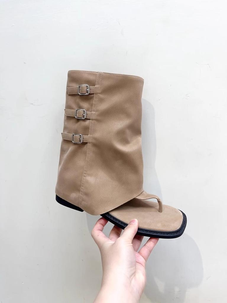 Летние новые ретро стиль пряжка ремня плоская подошва открытый носок брюки короткие ботинки женские средние голенища елочка крутые ботинки