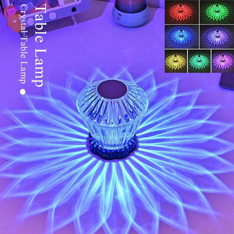 Led Crystal Table Lamp Lotus Light Projector Charging Colorful Romantic Diamond Atmosphere Night