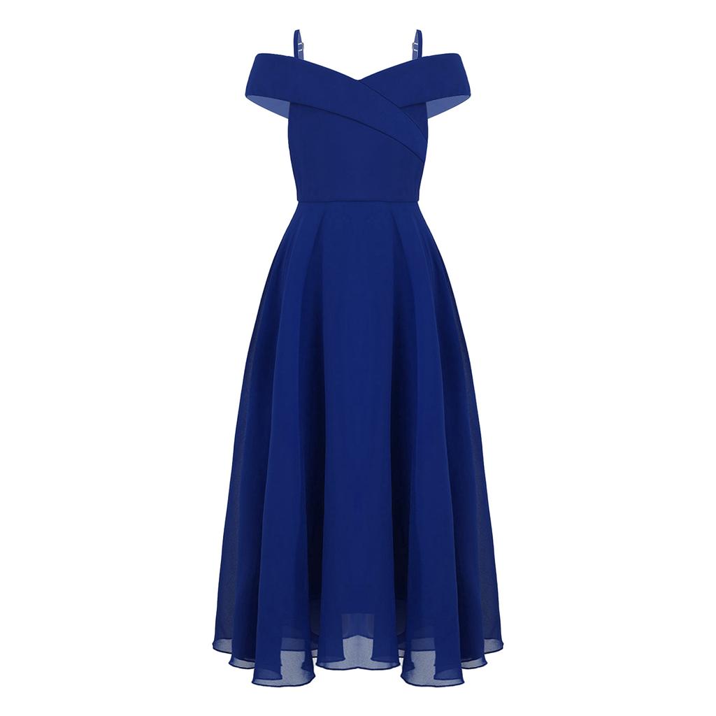 Kids Girls Elegant Chiffon Party Dress Off Shoulder Adjustable Strap Floor Length Evening Gown