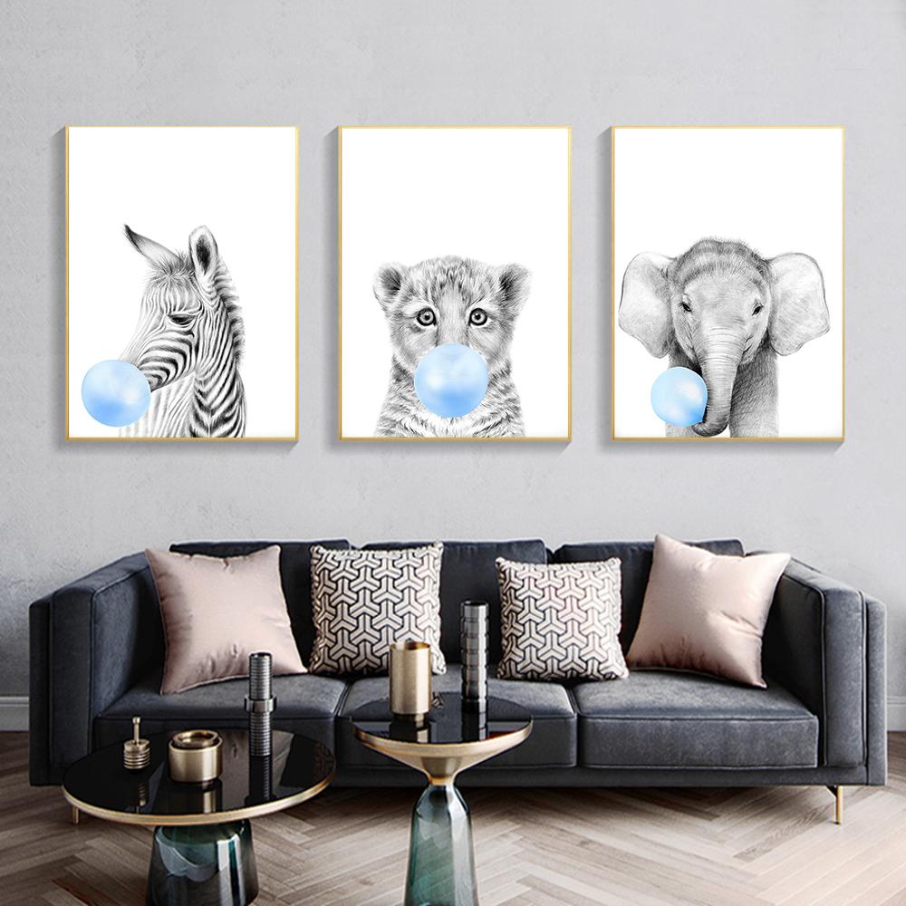 Blue Bubble Elephant Giraffe Poster Print Animal Nursery Wall Art Canvas Painting Child Picture Kids Baby Room Decoration Nordic
