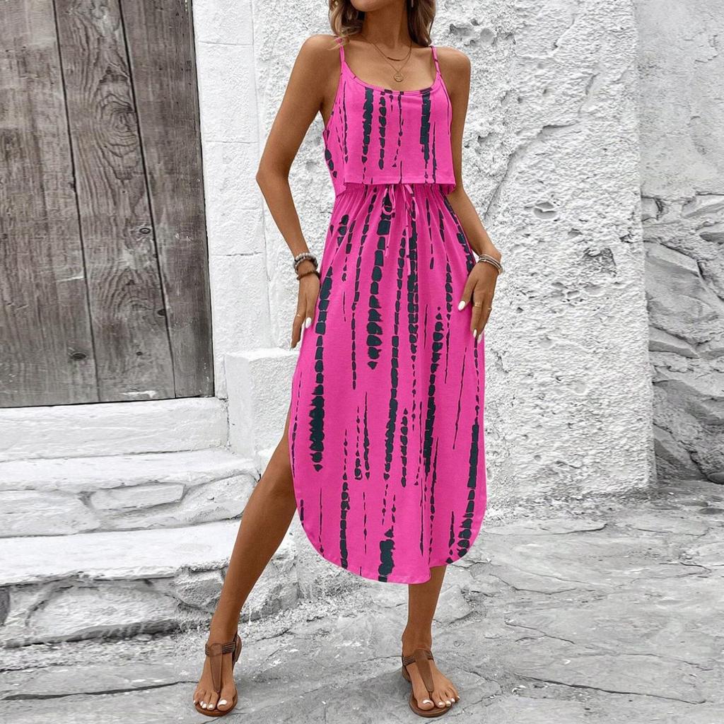 Women's Fashionable Retro Printed Camisole Waist Cinching Casual Dress