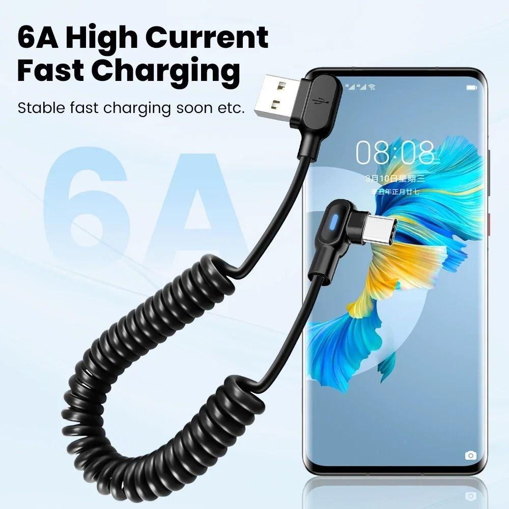 Black 6A Spring Data Cable PVC Charger Wire Cord for Samsung Huawei Xiaomi Car