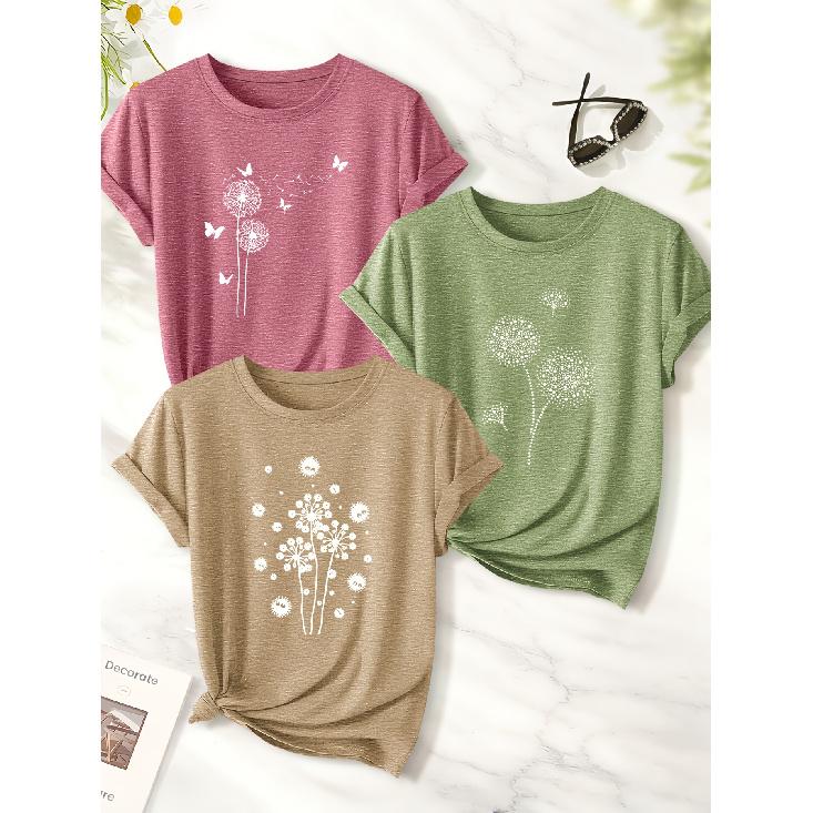 Dandelion Butterfly Print for Women T T-shirt Suit | 3 Simple line style with natural floral elements, round neck, short sleeves| Casual style cute