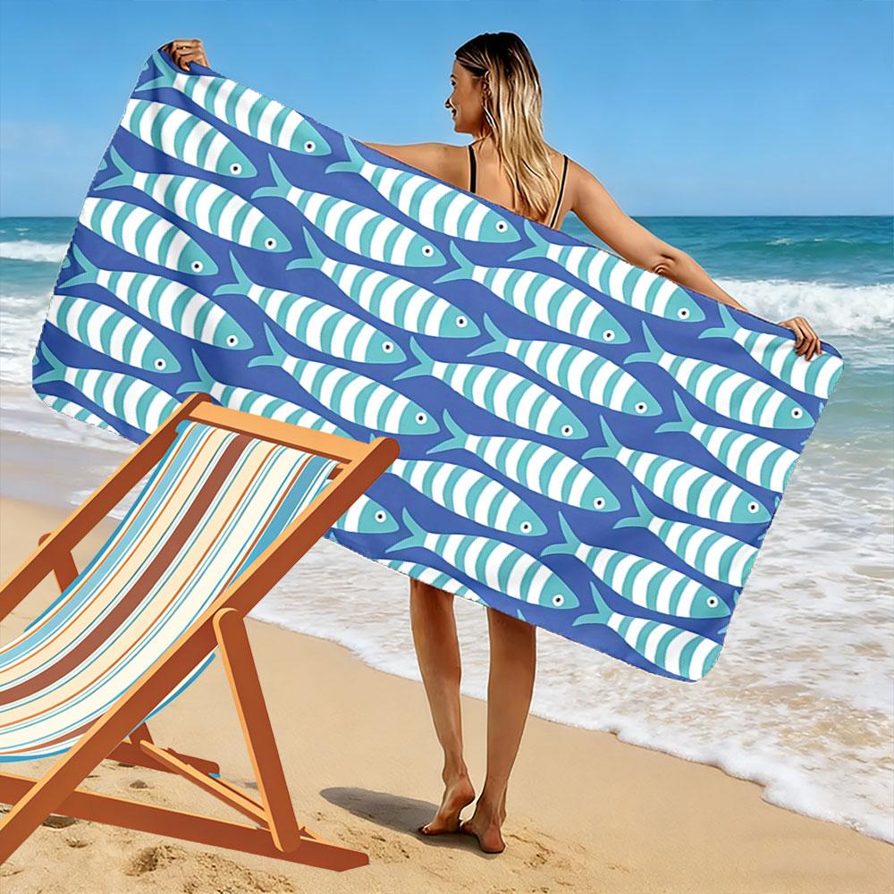 Striped Fish Pattern Towel Beach Towel Quick-drying for Travel Outdoor Sports Jogging Beach and Swimming