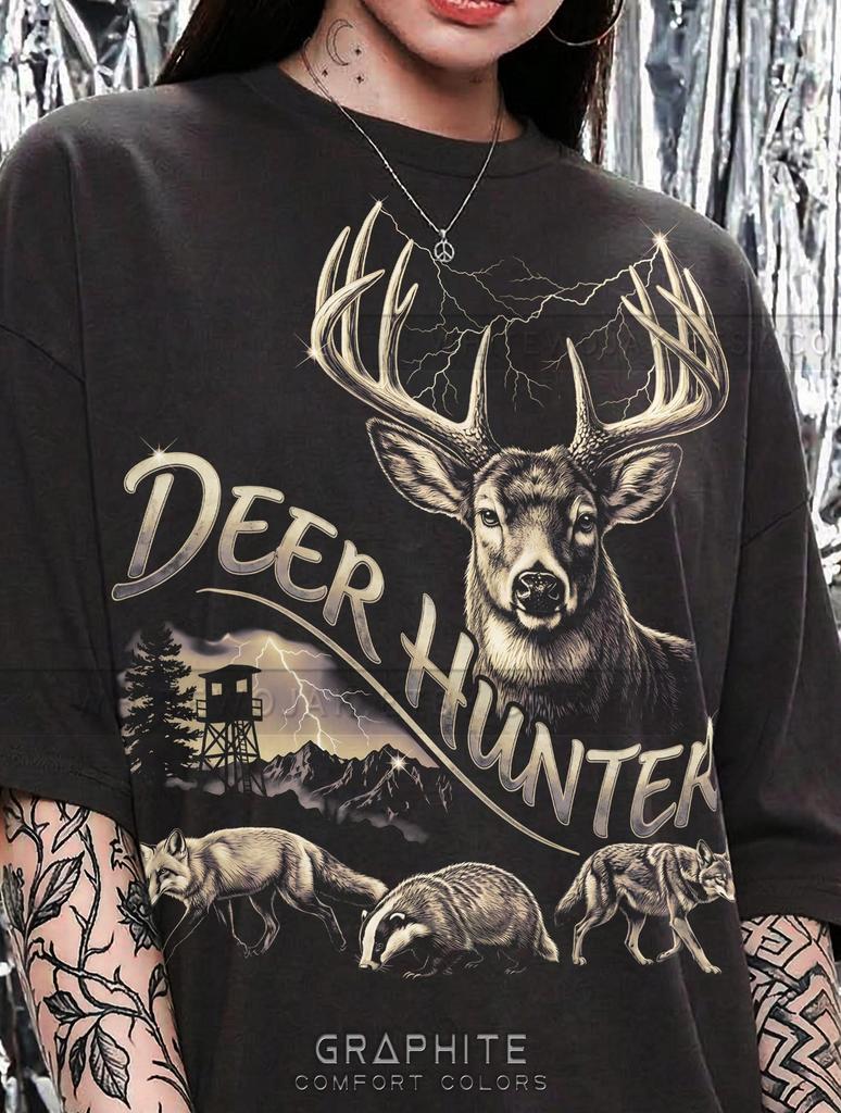 Deer Hunter Whitetail Deer Wildlife Nature Comfort Colors® Tshirt, Hunting Stand Lightning Fox Badger Coyote Vintage Animal Art Tee