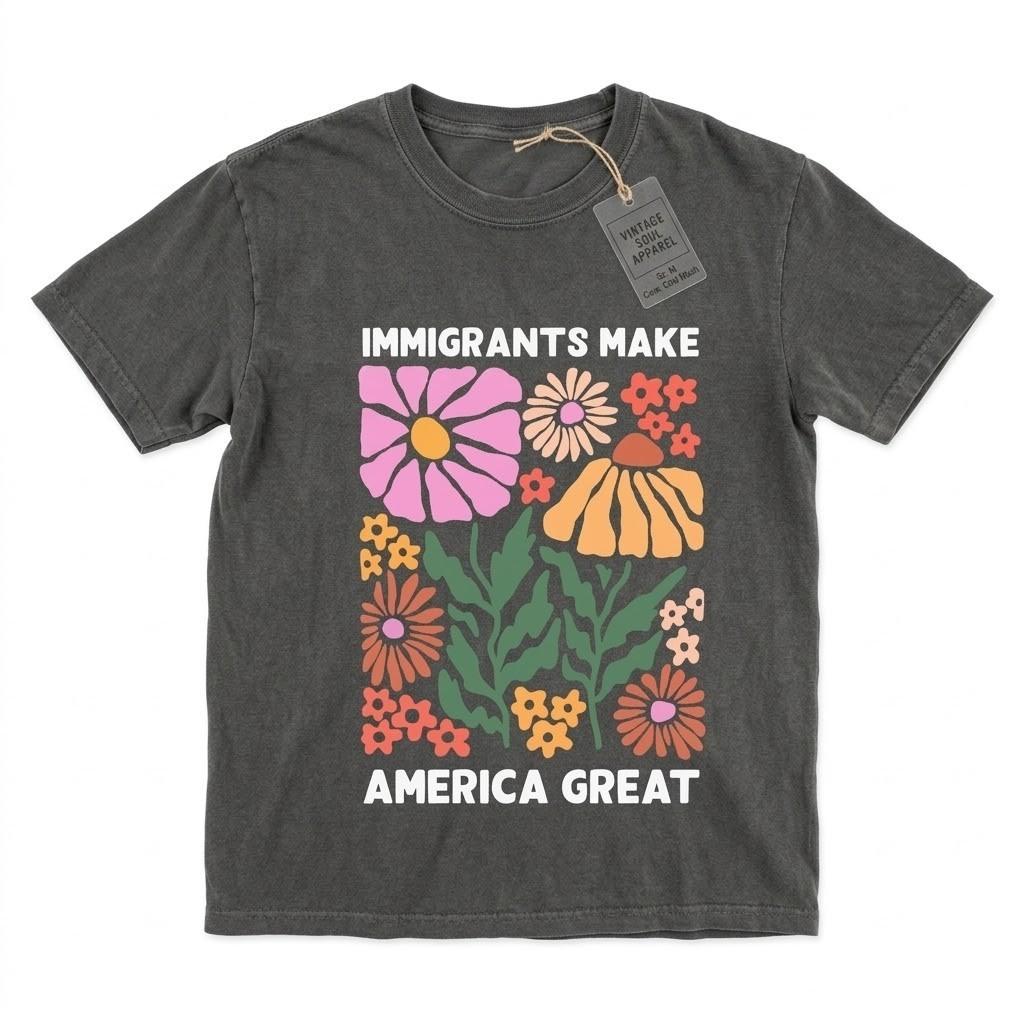 Immigrants Make America Great T-Shirt Vintage Floral Retro Graphic Tee Gray