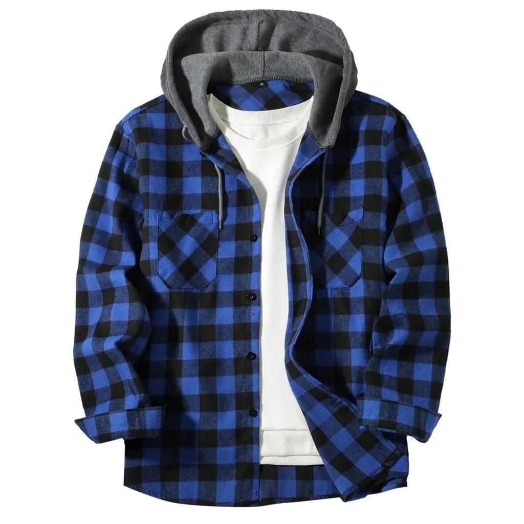 Men's Casual Long-Sleeve Loose-Fit Hooded Plaid Pocketed Shirt