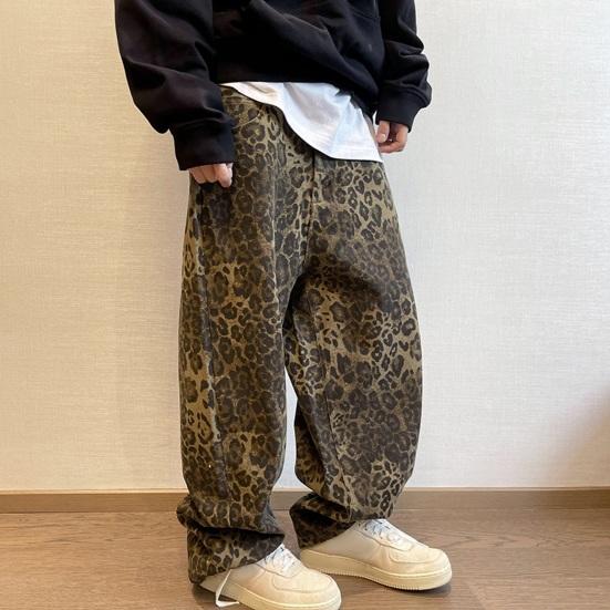 Men Pants Loose Deep Crotch Retro Hip Hop Leopard Print Soft Breathable Pockets Mid Waist Full Length Stretwear Long Trousers