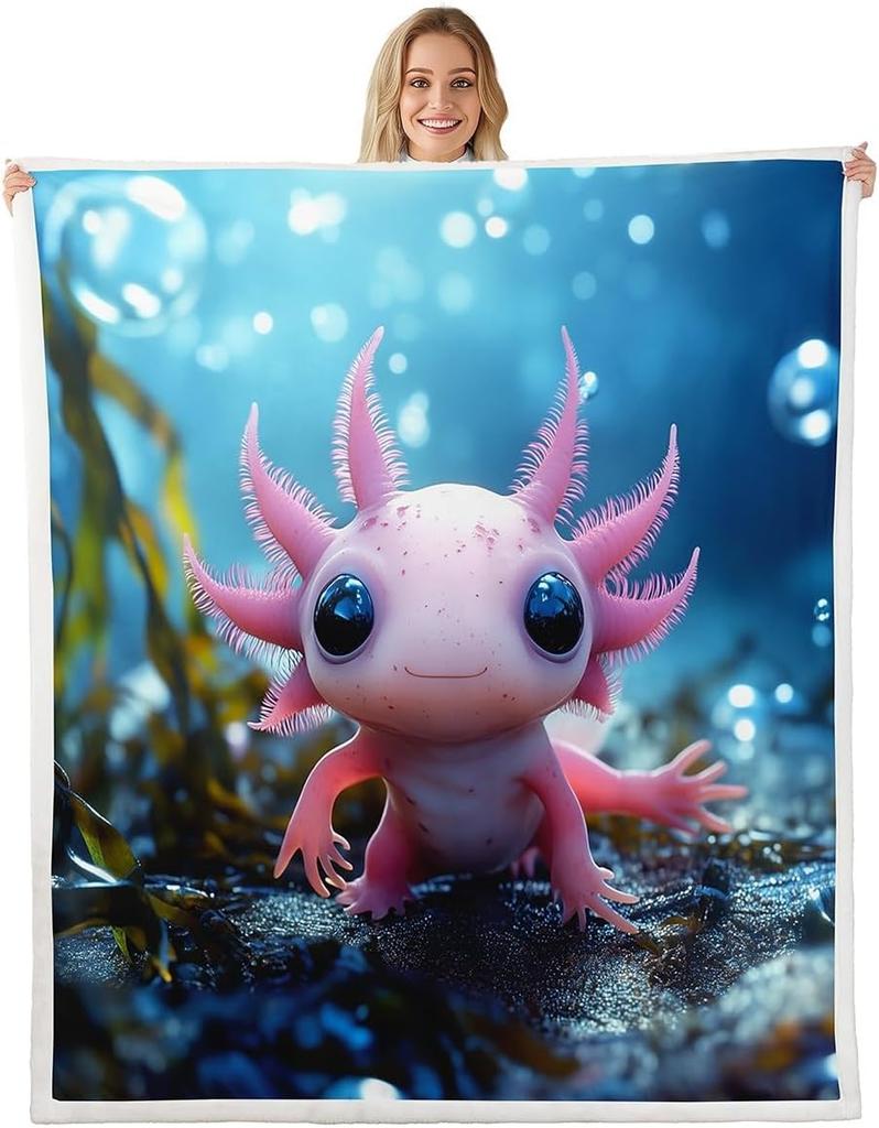 Cute Pink Axolotl Blanket Soft Fleece Throw Cherry Blossom Design Fantasy Art Kids Room Decor