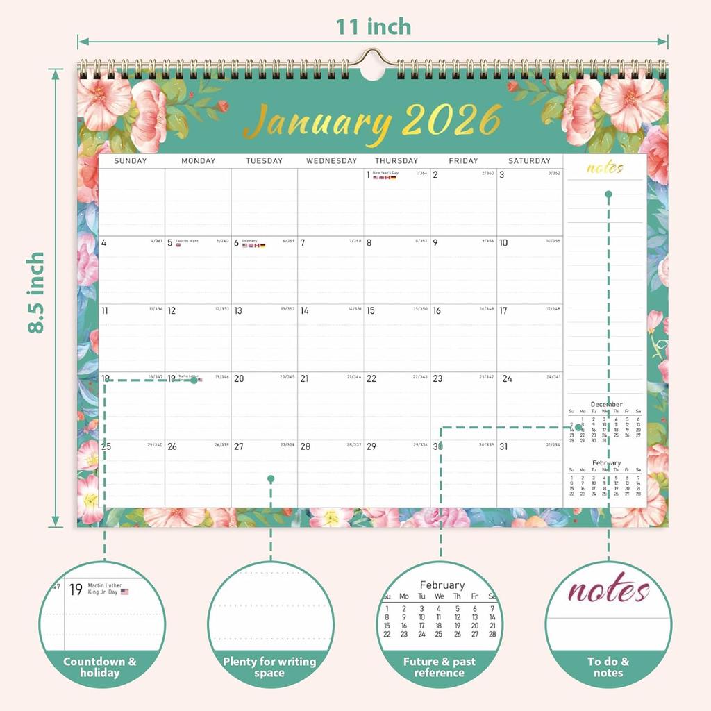 2026 Wall Calendar, Monthly Wall Calendars, Jan 2026 - Jun 2027, Desk Planner (8.5" x 11"), Hanging for Home, School, Office Supplies