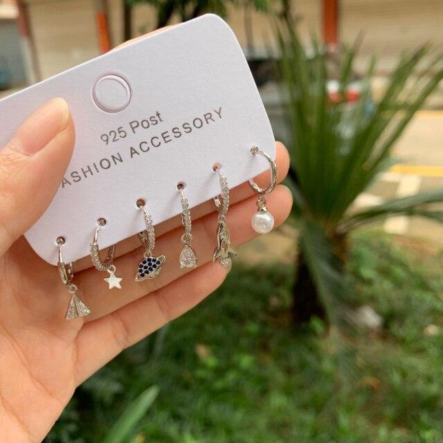 Модные серьги-кольца со звездами в виде самолетов и вселенной, комплект из 6 серег с микрокубическим цирконием для женщин, ювелирные изделия S-E1116