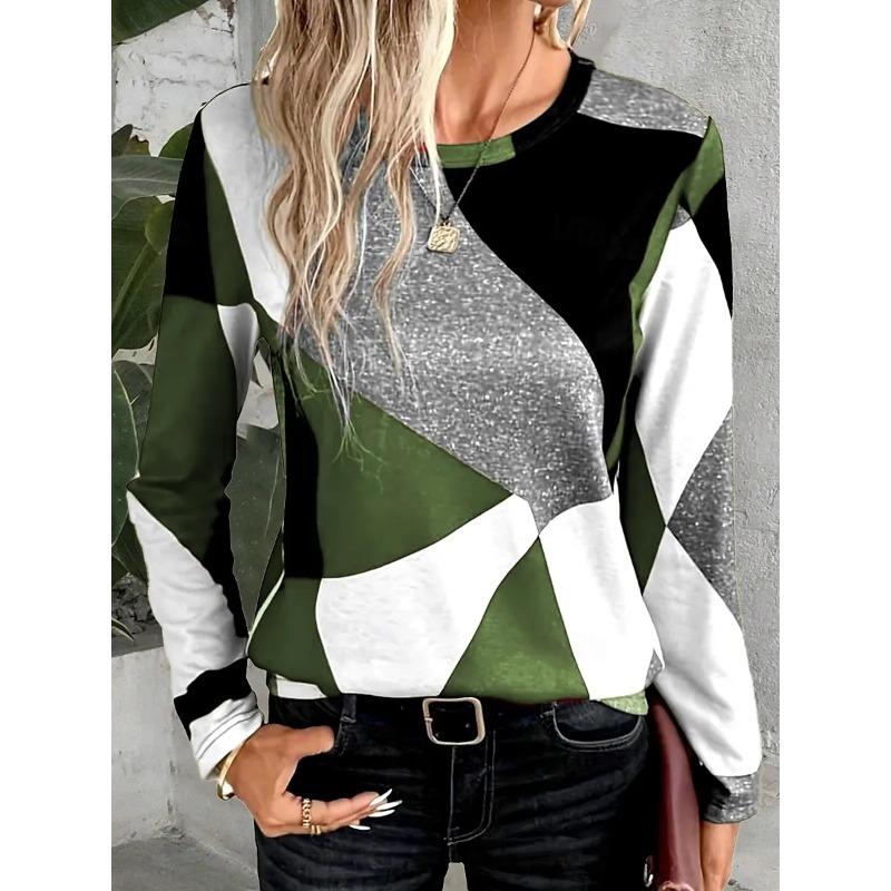 Women's T-shirts 3D Irregular Geometric Printing Fashion Long-sleeved Round Neck Regular Tops Holiday Weekend Spring and Autumn