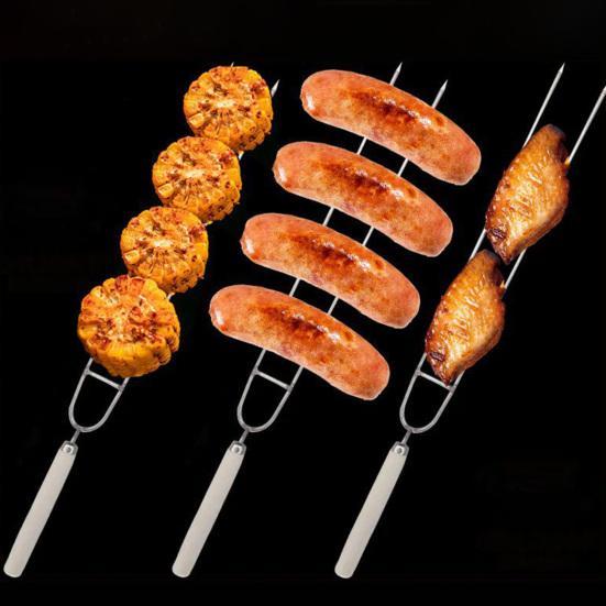 Шпажки для барбекю из нержавеющей стали, двухзубые шампуры для барбекю, 36 см, вилки для кемпинга с деревянной ручкой для шашлыков из курицы и креветок