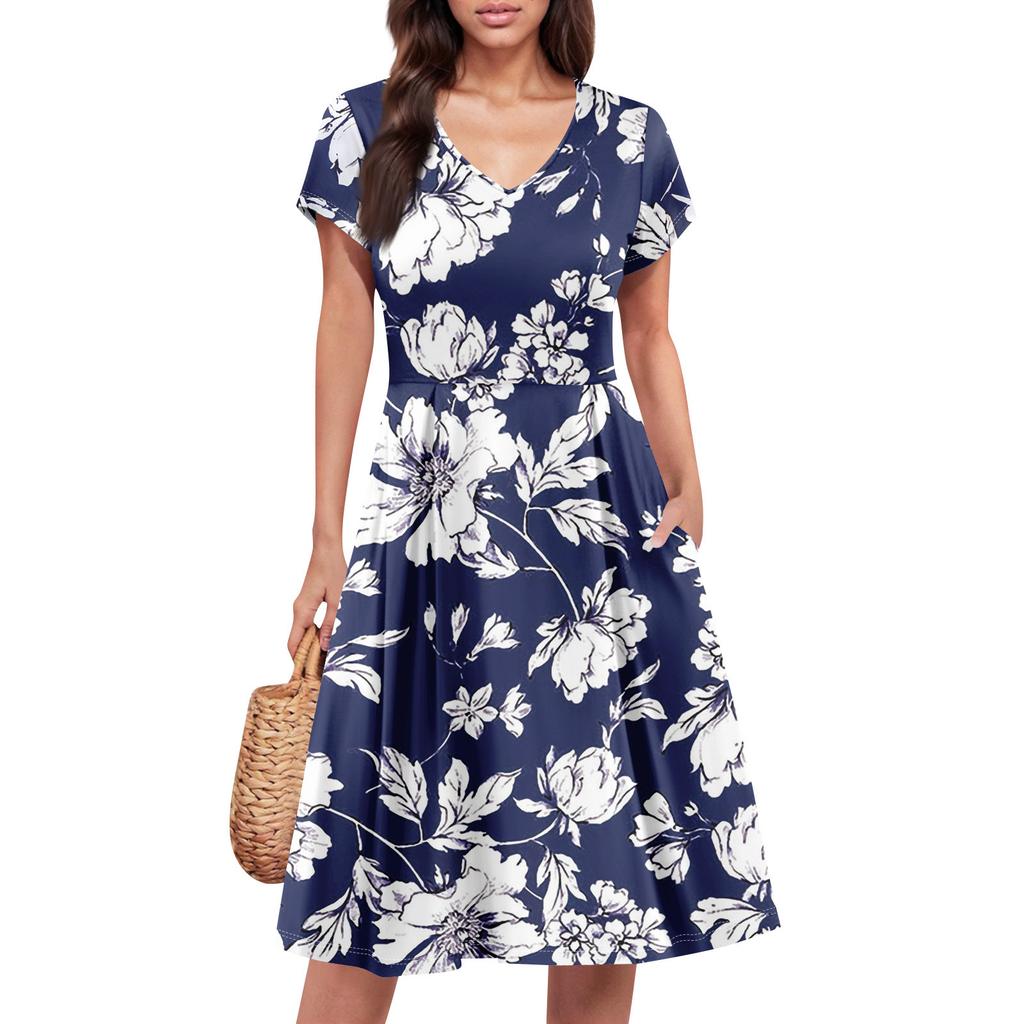Womens Summer Dress Short Sleeve V Neck Short Dresses Fashion Casual Flowy A Line Swing Sundress With Pocket